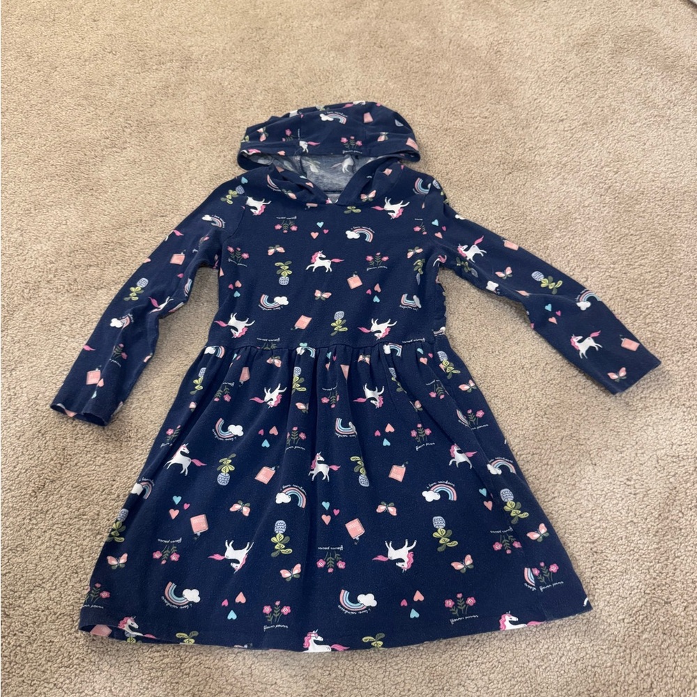 Carter's Navy Hooded Unicorn & Rainbow Dress with Pink Accents Size 6/6X